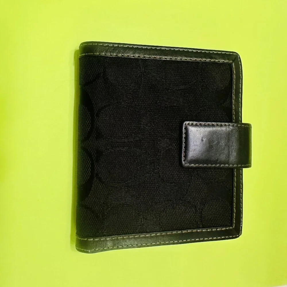Black Coach signature jacquard and leather trim tri-fold wallet - Picture 2 of 12